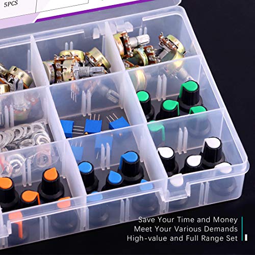 Swpeet 80Pcs 1K-500K Ohm Potentiometer Assortment Kit with 1Kohm -100Kohm Multiturn Trimmer, Knurled Shaft 3 Terminals Single Linear HighPrecision Variable Resistor with Nuts and Washers - style: Plastic + Aluminum