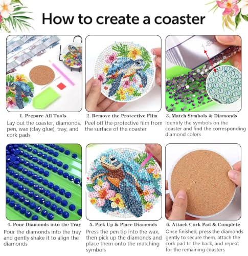 Sea Turtle Diamond Art Coasters Kit, 8 Pieces Diamond Painting Coasters Kit - color: Floral Turtle