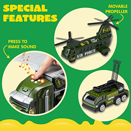 JOYIN 25 in 1 Military Kids Truck Toys for Age 3+, Kids Boy Toys, Army Men Tanks Set with Soldier Men, Mini Battle Cars in Carrier Truck with Lights and Sounds, Gifts for Grandkids - style: Military Truck
