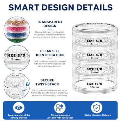 MIYUKI Beads Sorter for Round Rocaille Seed Beads, 4-Level Acrylic Bead Sifter with Size Labels 6/0 8/0 11/0 15/0, Seed Bead Organizer Tool for Jewelry Making, Bracelet Making & Craft Projects
