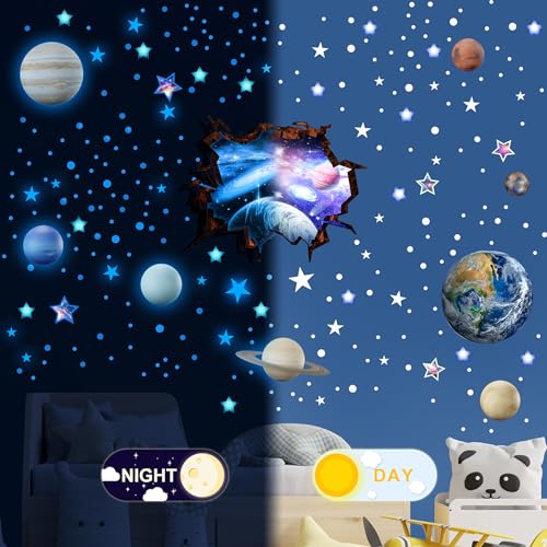 Stars and Planets Wall Decals Glow in The Dark, Earth Solar System Stickers for Ceiling, Space Wall Sticker for Kids Room (Blue) - color: Earth-blue-3
