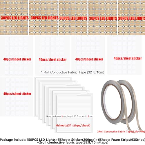 150PCS White LED Circuit Stickers and Conductive Fabric Tape,Light Craft Kit Mini Starter Kit for Crafts Projects Add Lights to a Christmas Tree,Light up a House,Create a Spooky Scene with a Ghost - color: 150 LED Lights