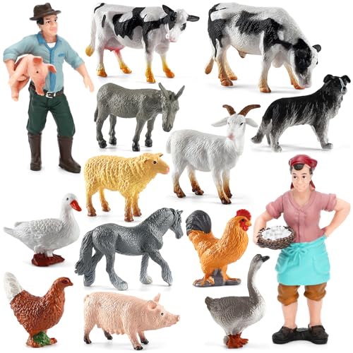 ONEST 14 Pieces Mini Farmer Figurines Hand Painted Farm Animals Figures Realistic Detailed Cow Sheep Poultry Farmer Farm Animal Figurine Model - style: Farmer