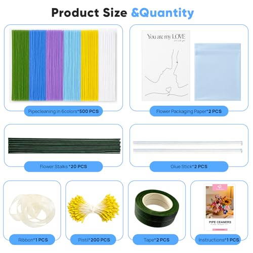 HHSarioneiro 550 Pcs Pipe Cleaner Flower Kit, Complete DIY Flower Bouquet Making Kit, 6 Beautiful Colors, 15 Flower Designs with Step-by-Step Video Tutorials, for Teen Girls and Craft Lovers - color: Blue