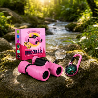 Binoculars for Kids – Perfect Toy for Little Boys and Girls – Extensive Set Incl. Magnifying Glass & Compass – Powerful Magnification 8X21 – 3 to 12 Year Old Kids for Toddler - color: Pink