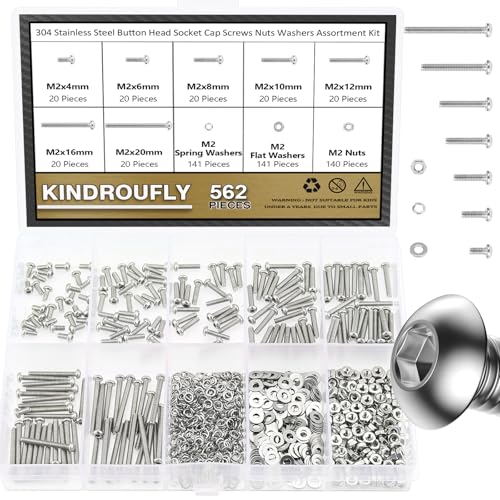 562 Pieces M2 x 4/6 /8/10 /12/16 /20mm Button Head Socket Cap Screws Nuts Washers Assortment Kit, 304 Stainless Steel, Fully Machine Thread - size: M2, style: Button Head