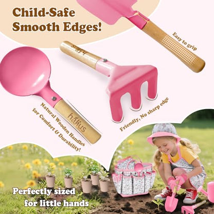 Kids Gardening Tool Set 18PCS Outdoor Toys Tote Bag Watering Can Apron Pink - color: Pink