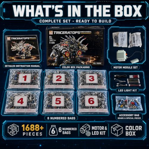 Mechanical Triceratops Dinosaur Building Kit, 1688 Pcs Motorized Walking STEM Toy with 2-in-1 Manual & Electric Battery Motor, LED Lights, Movable Joints, Gift for Kids & Adults