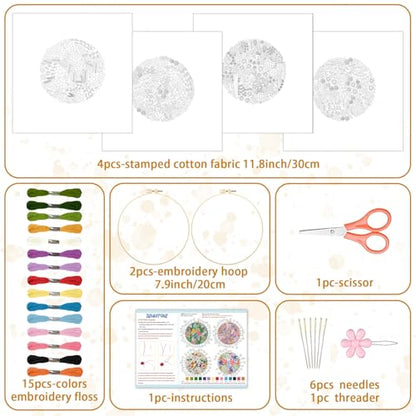 BEUNITONE 4 Set Covered Flower Embroidery Kit for Beginners 7.9"x7.9" - style: B-Grassland Plants