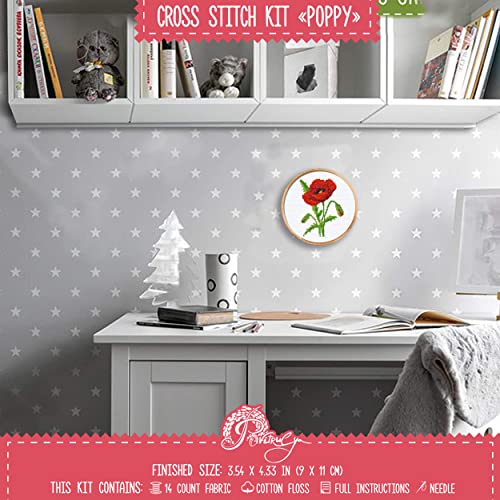 Povitrulya Red Poppy - Counted Cross Stitch kit for Hand Embroidery - DIY Easy Flower Set for Adult Ors - color: Red poppy