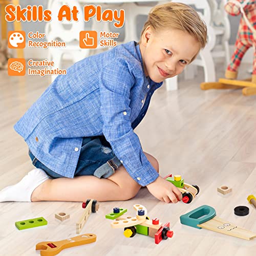 WOODMAM Wooden Kids Tool Set, 37Pcs Learning Construction Toy with Tool Box, Montessori Educational Building Toys Gift for 3+ Years Old Boys Girls - style: Standard