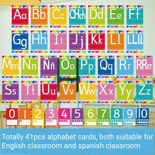 41 Pcs Bright Alphabet for Classroom ABC Posters and 0-10 Number Line Cards Colorful Letters Suitable for English Classroom and Spanish Classroom (English and Spanish ABC Bright) - color: Spanish Abc Bright