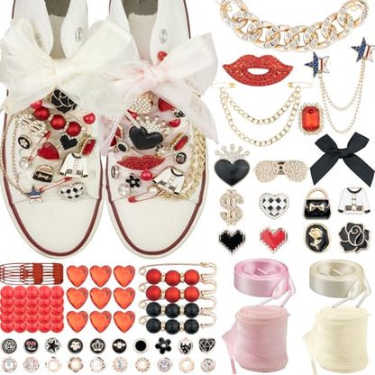 DoDoBeads 93 Pcs Shoe Charms for Sneakers, Junk Sock Charm Kit with Red & Black Charms and Satin/Lace Shoelaces, Sneaker Charm for Women, Cute Shoelace Accessories, DIY Sock/Shoe Decorations - style: Rock Glam