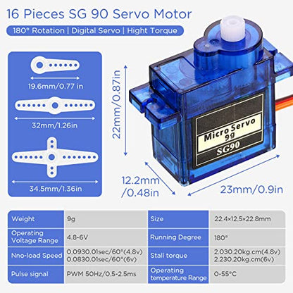 Hanaive 16 Pcs Sg90 9g Mini Micro Servo Motors Rc Servo Kit