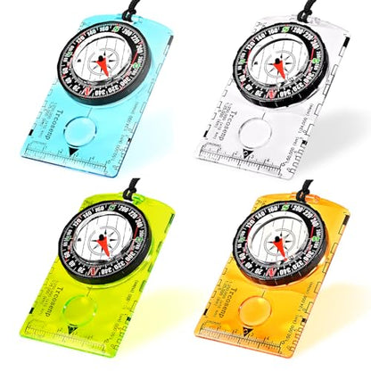 Outdoor Compass with Adjustable Declination, Magnifier, Ruler, Scale, Multifunctional Kids Waterproof Compass for Map Reading, Hiking, Camping, Navigation and Survival. - color: 4 PACK Transparent+Blue+Green+Orange