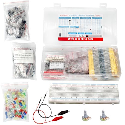 Electronic Component Kit Total 1615 Pcs,Breadboard,Crocodile Clip,LED Diodes,Metal Film Resistors,Electrolytic Capacitor Package,Common Diodes,Ceramic Capacitors, Common Transistor Assortment Box - style: Electronic components kit 1615pcs