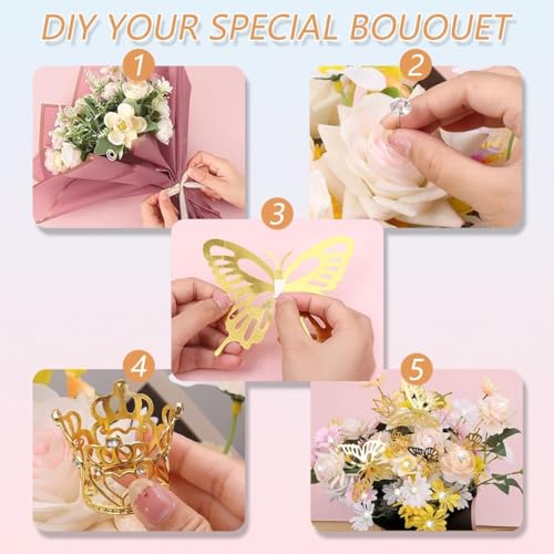 Majreey Floral Wrapping Paper Kit, 80Sheet Waterproof Floral Paper, 3Rolls Ribbon for Flower Bouquet, 2Rolls Transparent Tape,100Pcs Flower Pins, 48Pcs 3D Butterflies, 9Pcs Crowns (Flower-4) - color: Flower-4