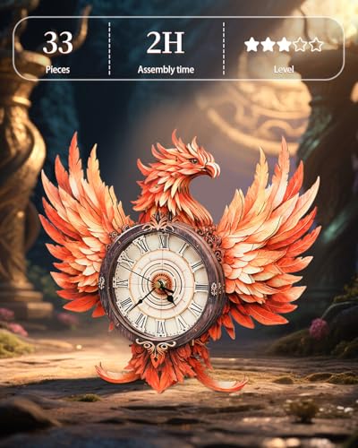 3D Puzzles for Adults-Wooden Fire Phoenix Clock Puzzle DIY Clock Model Kit