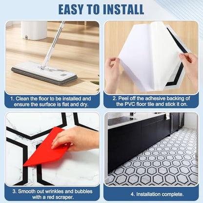 60 Pcs Hexagon Peel and Stick PVC Flooring Tile with Tool Kit