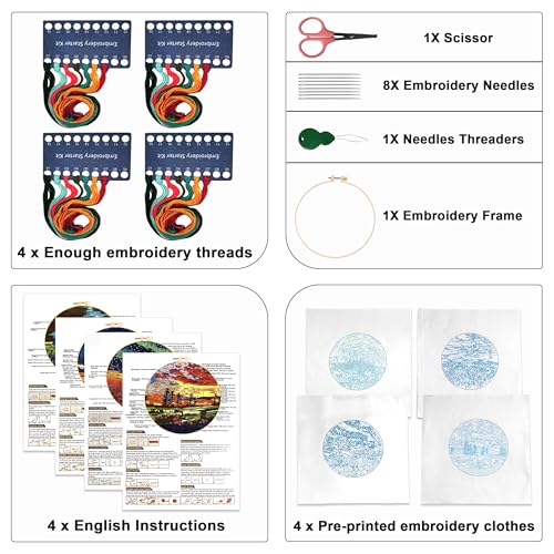 Maydear 4 Pack Embroidery Starter Kit with Pattern, Stamped Cross Stitch Kits for Beginners Adults with Embroidery Hoop and Instructions, Hand Embroidery Kit (Embroidery kit flower2)