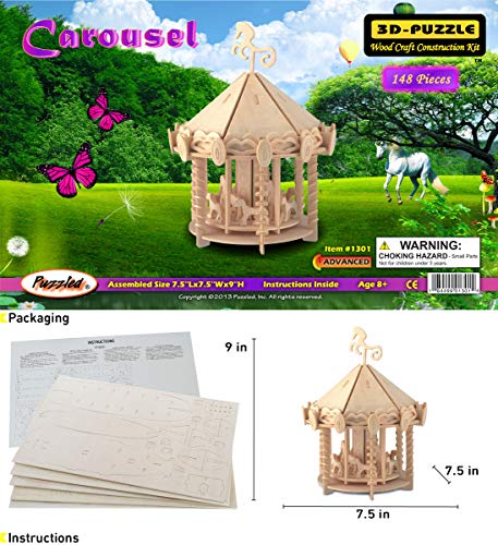 Puzzled 3D Puzzle Carousel Set Wood Craft Construction Model Kit, Fun & Educational DIY Wooden Toy Assemble Model Unfinished Crafting Hobby Puzzle to Build and Paint for Decoration 148 Pieces Pack