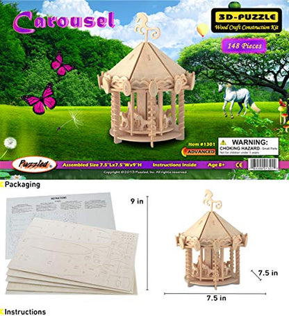 Puzzled 3D Puzzle Carousel Set Wood Craft Construction Model Kit, Fun & Educational DIY Wooden Toy Assemble Model Unfinished Crafting Hobby Puzzle to Build and Paint for Decoration 148 Pieces Pack