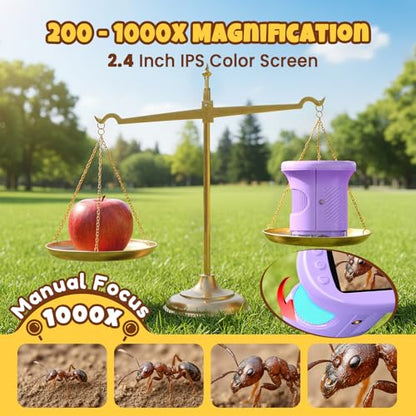 Handheld Digital Mini Microscope for Kids: 1000X 4K 2.4" Microscopes Toys - color: Purple