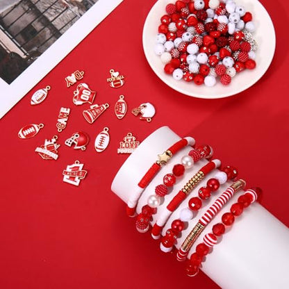 2200PCS+ Game Day Beads Charms for Bracelet Making Polymer Clay Beads Crystal Pearl Letter Gold Spacer Beads Football Charms for Game Day Bracelet Necklace Making DIY Crafts - color: Red White