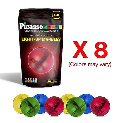 PicassoTiles Motion Activated Marbles 8pc LED Light-Up Glow in The Dark Translucent Balls for Marble Run Race Racetrack Maze Magnetic Construction Magnet Tiles Building Block STEM Education Kids Toys - color: 8pc Led Balls for Marble Run