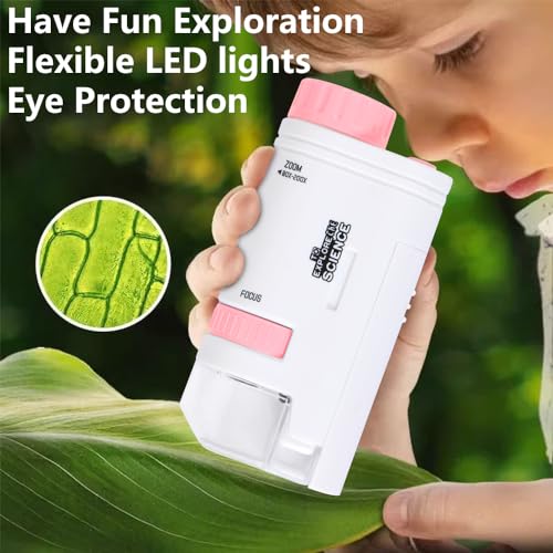 Microscope Pocket Handheld Miniscope 80X-200X Portable Microscope with LED Light for Learning Education Exploring (Pink)