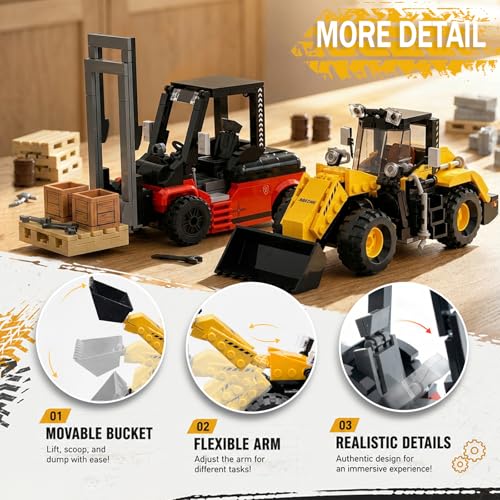 Mavo brix Loader Building Set and Forklift Truck Building Kit, 2-in-1 Set for Adults 14+, Ideal Gift, Home Office Decor, 680PCS