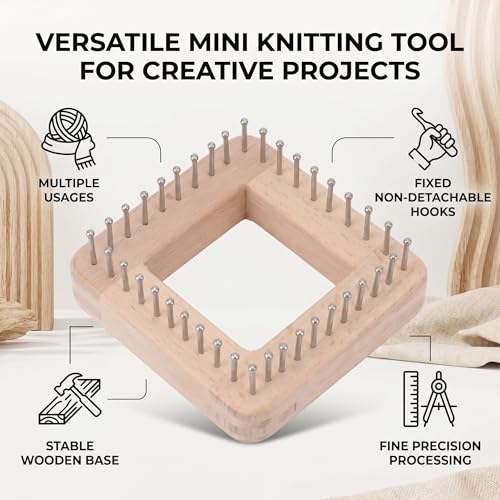 Square Wooden Knitting Loom with Multiple Hooks, Mini Crochet Board for Weaving Scarves, Hats, Socks and Hairband - DIY Beginner Knitting Tool - size: Small