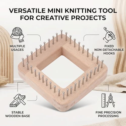 Square Wooden Knitting Loom with Multiple Hooks, Mini Crochet Board for Weaving Scarves, Hats, Socks and Hairband - DIY Beginner Knitting Tool - size: Small