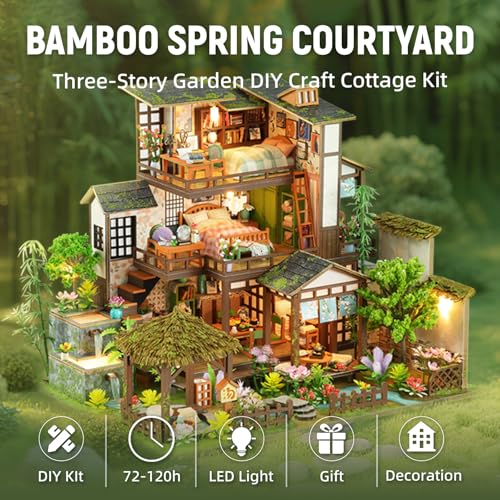 DIY Miniature House Kit with LED Lights, Bamboo Spring Courtyard Wooden Mini House Building Kit for Adults & Teens, Creative Crafts for Women, Friends & Hobbyists - style: Bamboo Spring Courtyard