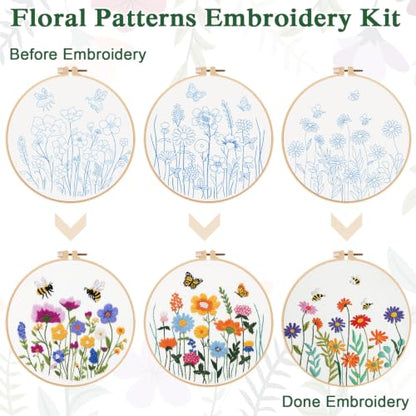 Louise Maelys 3 Pack Floral Embroidery Kit for Beginners, Garden DIY - color: Floral Nature