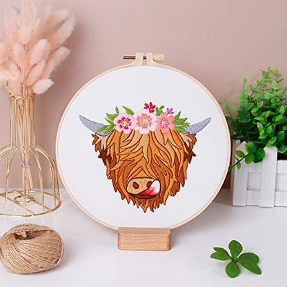 Louise Maelys Highland Cow Stamped Embroidery Kit Floral DIY Craft - color: kit-17