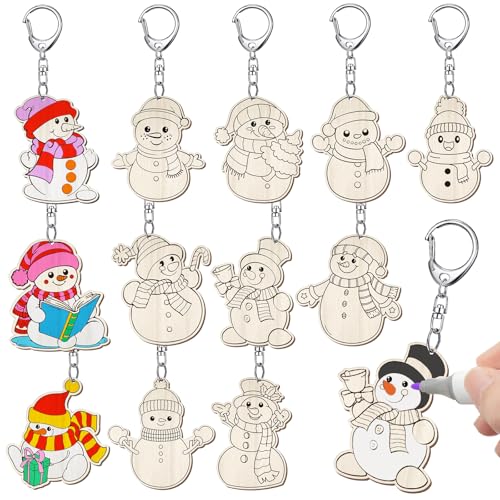 Trnayi 36 Pcs Unfinished Wood Keychain Color Your Own DIY Craft - style: Snowman