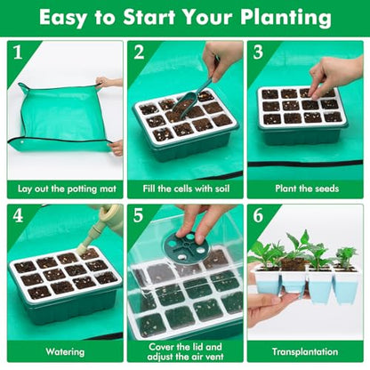 Hanaoyo Reusable Seed Starter Tray with 72 Soft Silicone Cells, 6 Pack Seed Starter Kit with Repotting Mat, Humidity Dome and High Lid, Germination Trays for Indoor Greenhouse Seed Starter - color: Blue-6 Pack