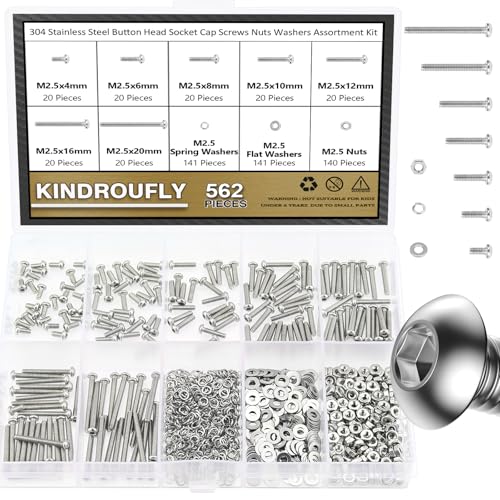 562 Pieces M2.5 x 4/6 /8/10 /12/16 /20mm Button Head Socket Cap Screws Nuts Washers Assortment Kit, 304 Stainless Steel, Fully Machine Thread - size: M2.5, style: Button Head