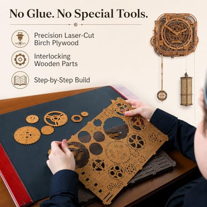 WOODEN.CITY Gear Globe Wall Clock Kit – 369-Piece 3D Wooden Puzzle for Adults, Mechanical Clock Model, No Glue Required, Made in EU - color: Globe Wall Clock