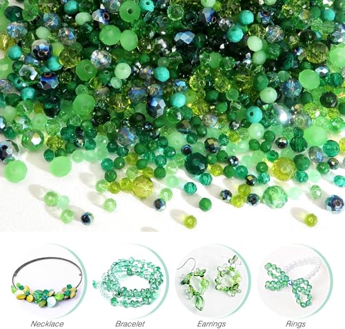 1000 Pcs Rondelle Faceted Glass Beads Crystal Glass Beads for Jewelry Making 4/6/8mm Faceted Briolette Rondelle Bead with Container for Earrings,Necklaces,DIY Beading Projects (Green) - color: green