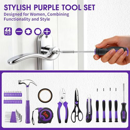 General Household Tool Set - Purple Hand Tool Kit with Waist Pouch & Gloves, Tool Kit for Women Everyday Home Repairs, DIY and Crafts, 112 pcs