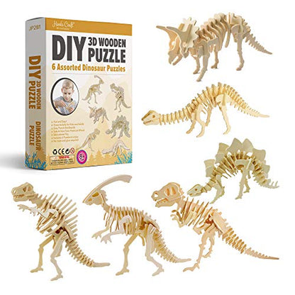 Hands Craft DIY 3D Wooden Puzzle – 6 Assorted Dinosaur Bundle Pack Set Brain Teaser Puzzles Educational STEM Toy Adults and Kids to Build Safe and Non-Toxic Easy Punch Out Premium Wood JP2B1 - color: Dinosaur