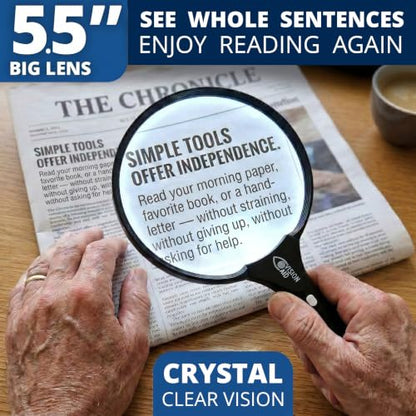 VisionAid Big 5.5" Magnifying Glass with LED Light (USB Rechargeable) and Hard Case — Handheld Illuminated Large Magnifier for Reading — See Fine Print 3 Times Bigger - size: 5.5 inches