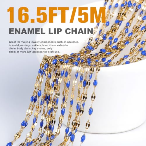 16.5FT Stainless Steel Enamel Chain 2MM Gold Lip Chain for Jewelry Making - color: gold(deep blue)