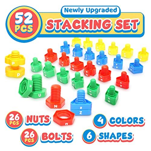 Letters Learning Matching Game | Preschool Toys Set for Toddlers | 26 Alphabet Learning Toys with 52 pcs Nuts and Bolts Sorting & Stacking Toys, ABC learning Educational Montessori Toy for Kids