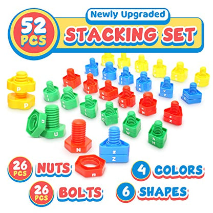 Letters Learning Matching Game | Preschool Toys Set for Toddlers | 26 Alphabet Learning Toys with 52 pcs Nuts and Bolts Sorting & Stacking Toys, ABC learning Educational Montessori Toy for Kids