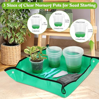 Caffox 51PCS Reusable Seed Starter Kit Includes 26 Packs 3 Sizes Clear Nursery Pots with Silicone Base, Repotting Mat, Gardening Gloves, Plant Labels and Seedling Tools for Easy Transplant - size: Assorted Sizes Clear Nursery Pots