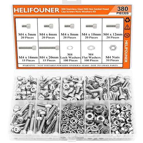 HELIFOUNER 380 Pieces M4 x 5mm /6mm /8mm /10mm /12mm /16mm /20mm, Hex Socket Head Cap Screws Bolts Washers Nuts Kit, 304 Stainless Steel - size: M4, style: Hex Socket Head Cap