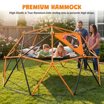 jumpfly 10FT Climbing Dome with Hammock & Ball Toss Game, 880LBS Geometric Dome Climber with Cat Paw Safety Holds, Anti-Rust Outdoor Jungle Gym Play Equipment for Kids 3-12 Years - color: Black/Orange